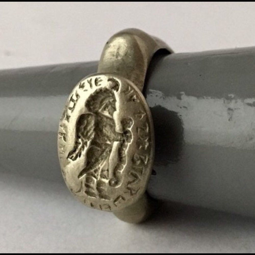 Vintage Bronze Angel Warrior Signet Ring
